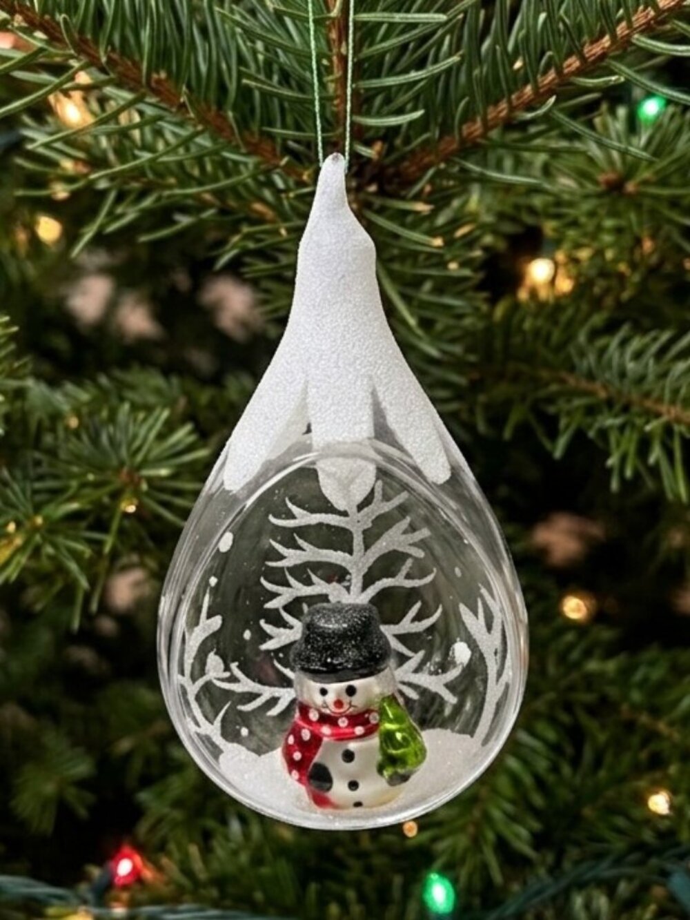 German Glass Teardrop with Snowman Christmas Ornament